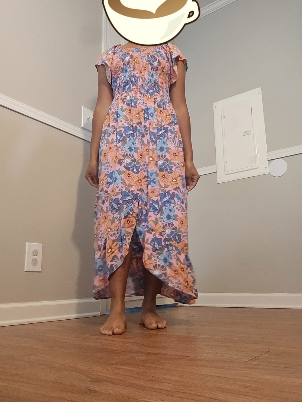 Floral High-Low Midi Dress in Peach and Blue